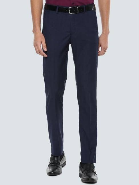 louis philippe navy slim fit checks flat front trousers