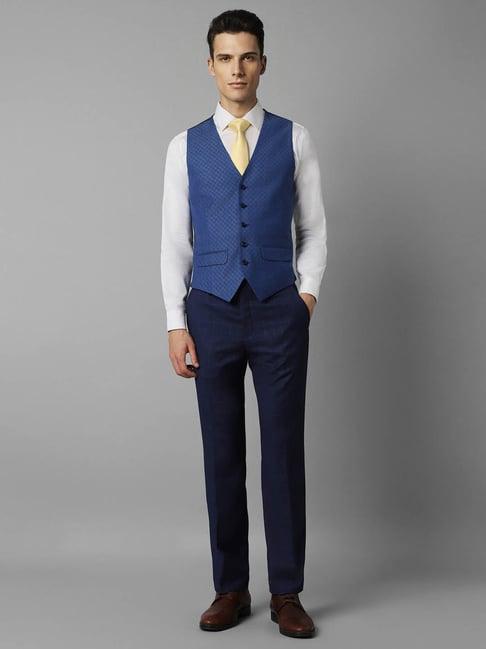 louis philippe navy slim fit checks three piece suit