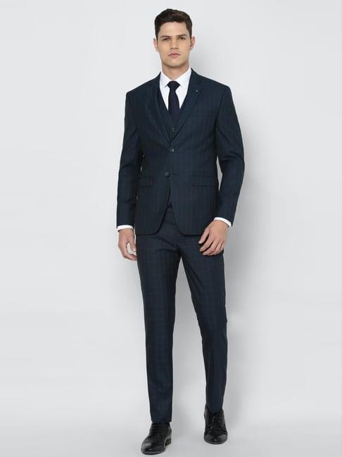 louis philippe navy slim fit checks three piece suits