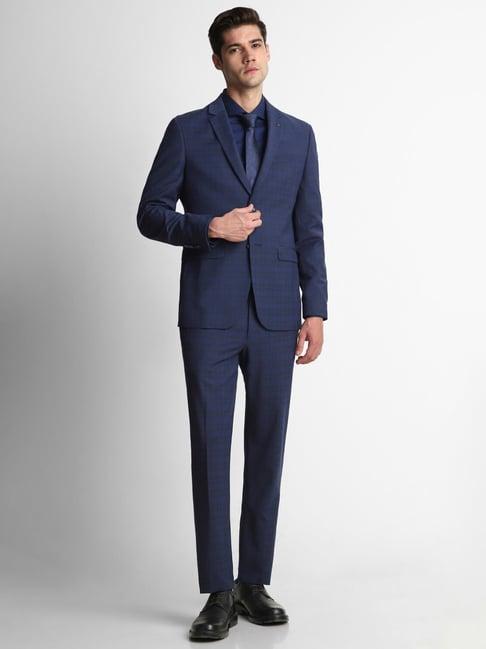 louis philippe navy slim fit checks two piece suit