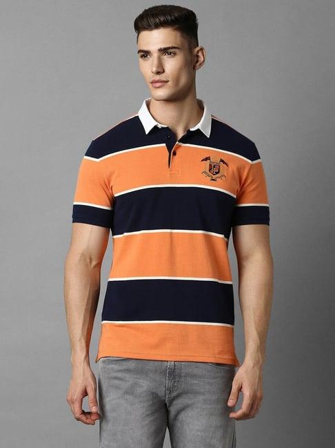 louis philippe orange & navy cotton slim fit striped polo t-shirt