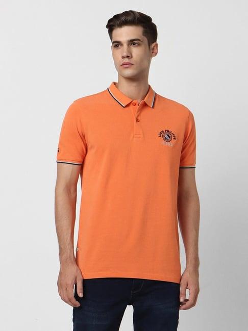 louis philippe orange cotton slim fit printed polo t-shirt