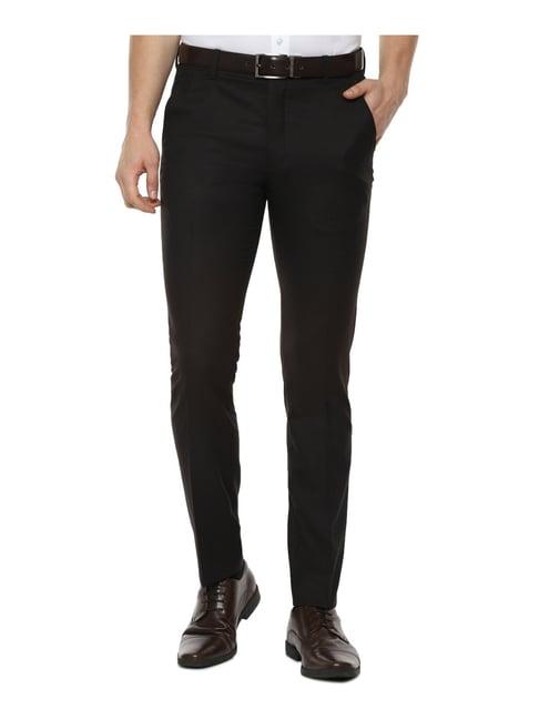 louis philippe permapress dark brown slim fit flat front trousers