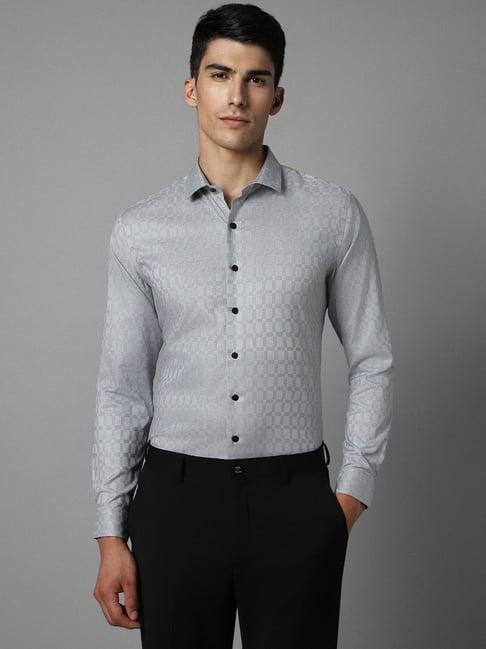 louis philippe permapress grey cotton slim fit printed shirt