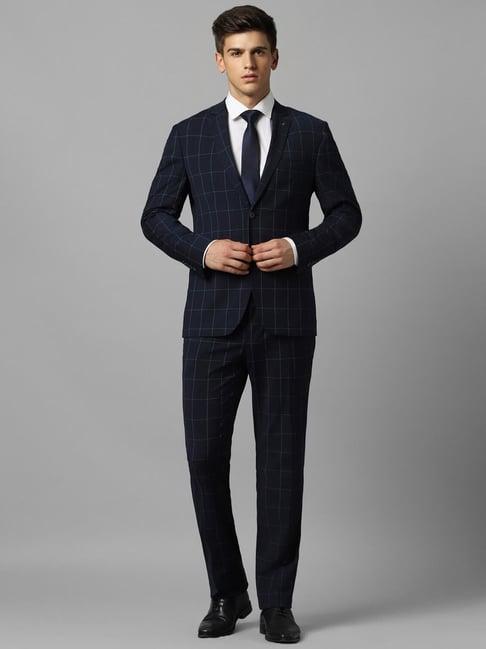 louis philippe permapress navy slim fit checks two piece suit