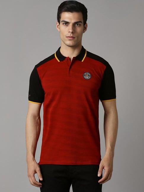 louis philippe red cotton slim fit printed polo t-shirt