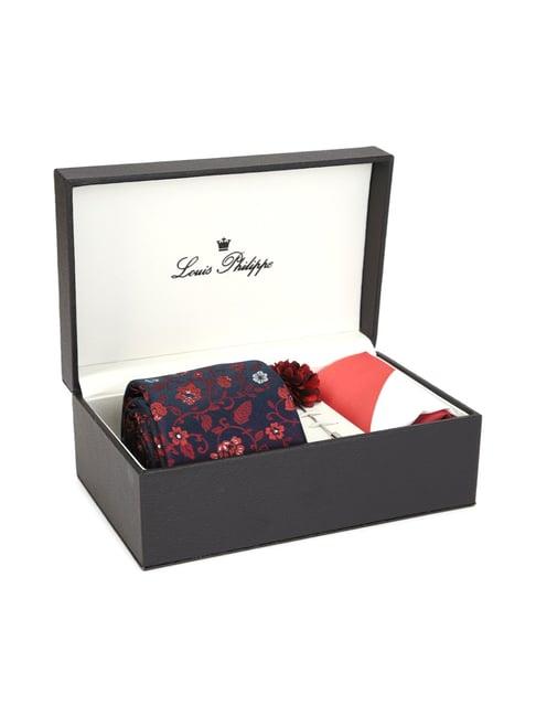 louis philippe red floral tie, pocket square & lapel pin - pack of 3