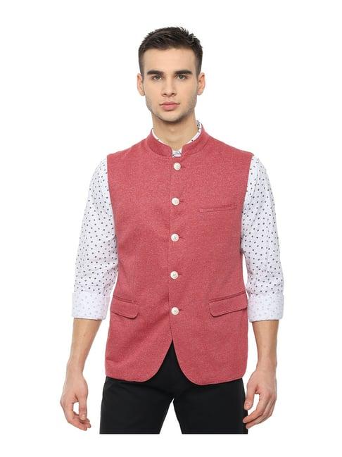 louis philippe red sleeveless mandarin collar jacket