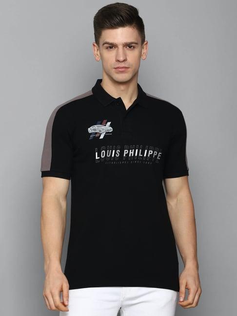louis philippe sport black cotton slim fit printed polo t-shirt