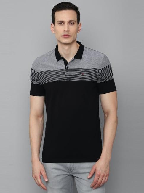 louis philippe sport black cotton slim fit striped polo t-shirt