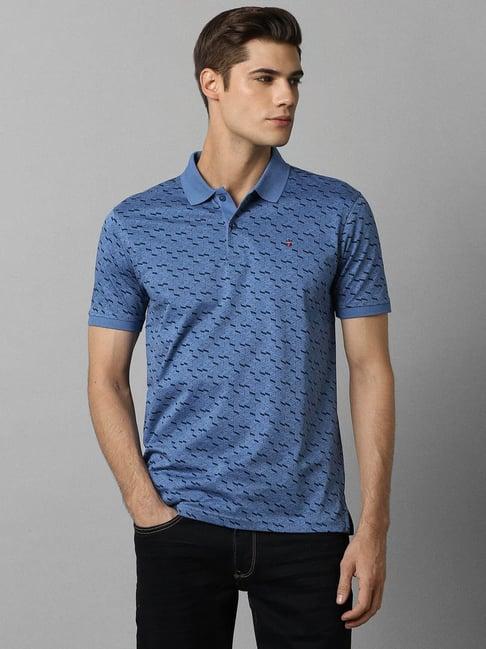 louis philippe sport blue cotton slim fit printed polo t-shirt