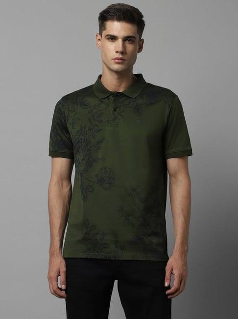 louis philippe sport dark green cotton regular fit printed polo t-shirt