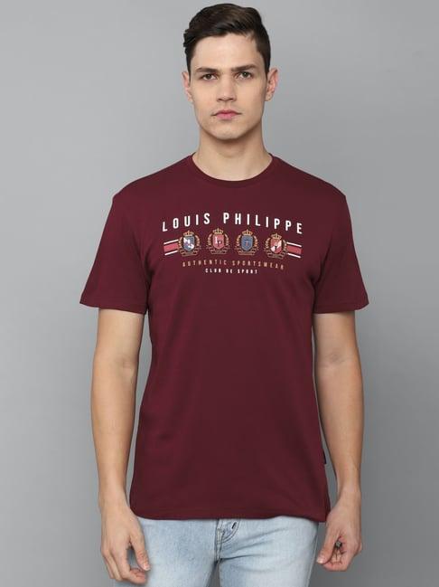 louis philippe sport maroon cotton slim fit printed t-shirt