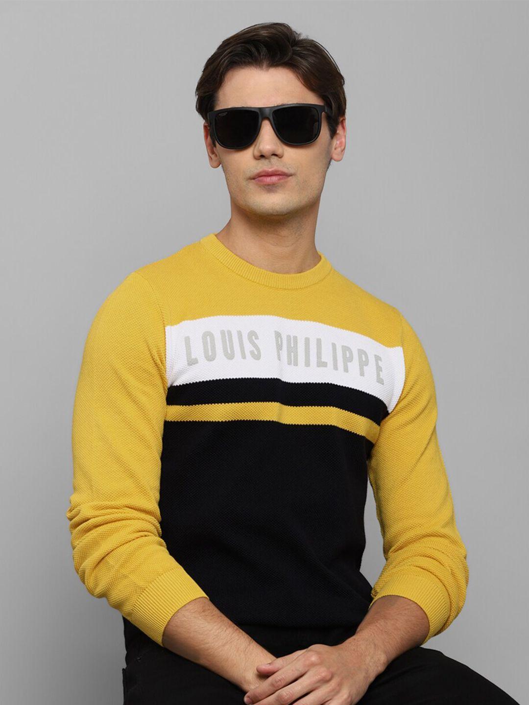 louis philippe sport men black & yellow colourblocked pullover pure cotton sweater