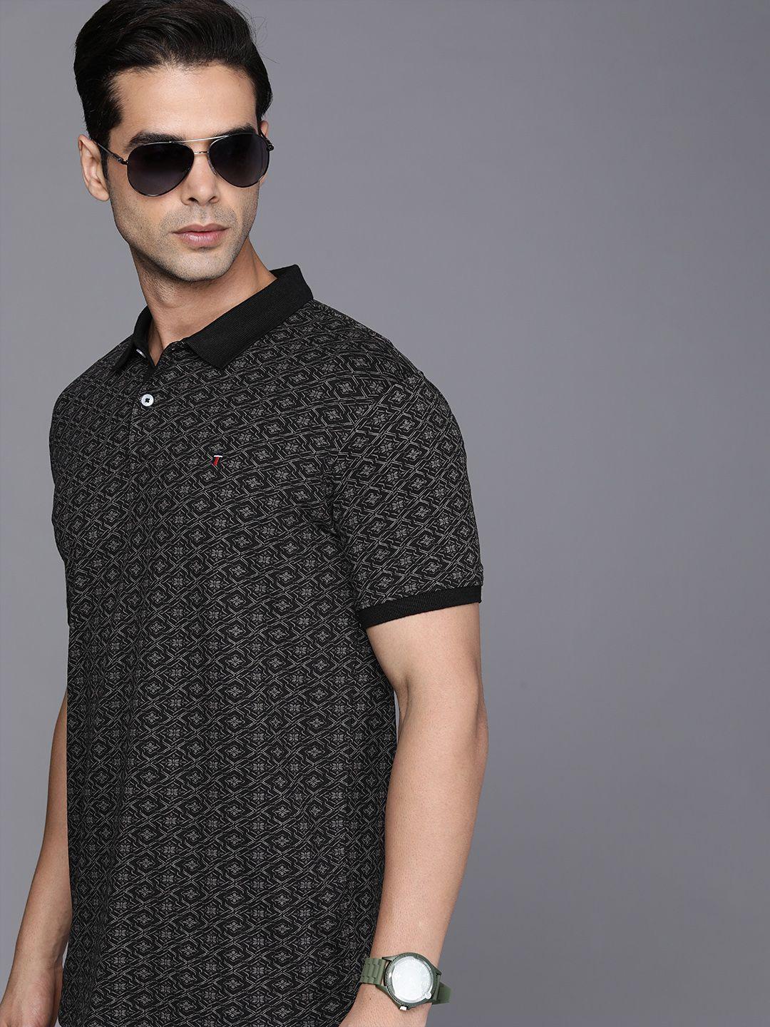 louis philippe sport men black printed polo collar t-shirt