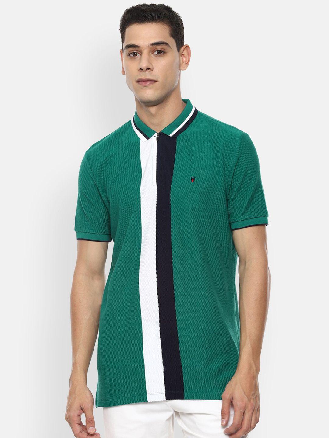 louis philippe sport men green striped mandarin collar slim fit t-shirt