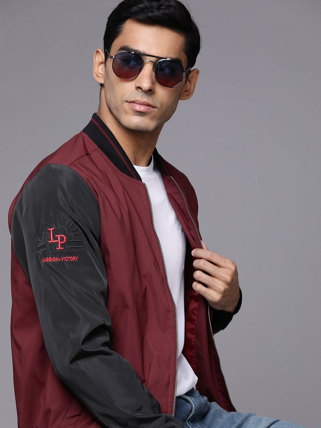 louis philippe sport men maroon & black solid varsity jacket with embroidered logo