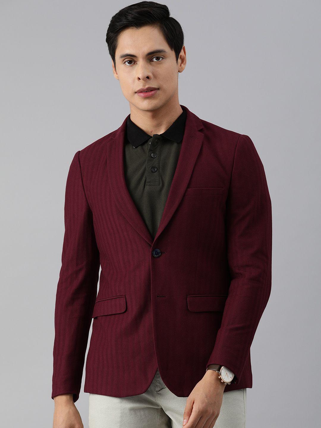 louis philippe sport men maroon self design single-breasted cotton formal blazer