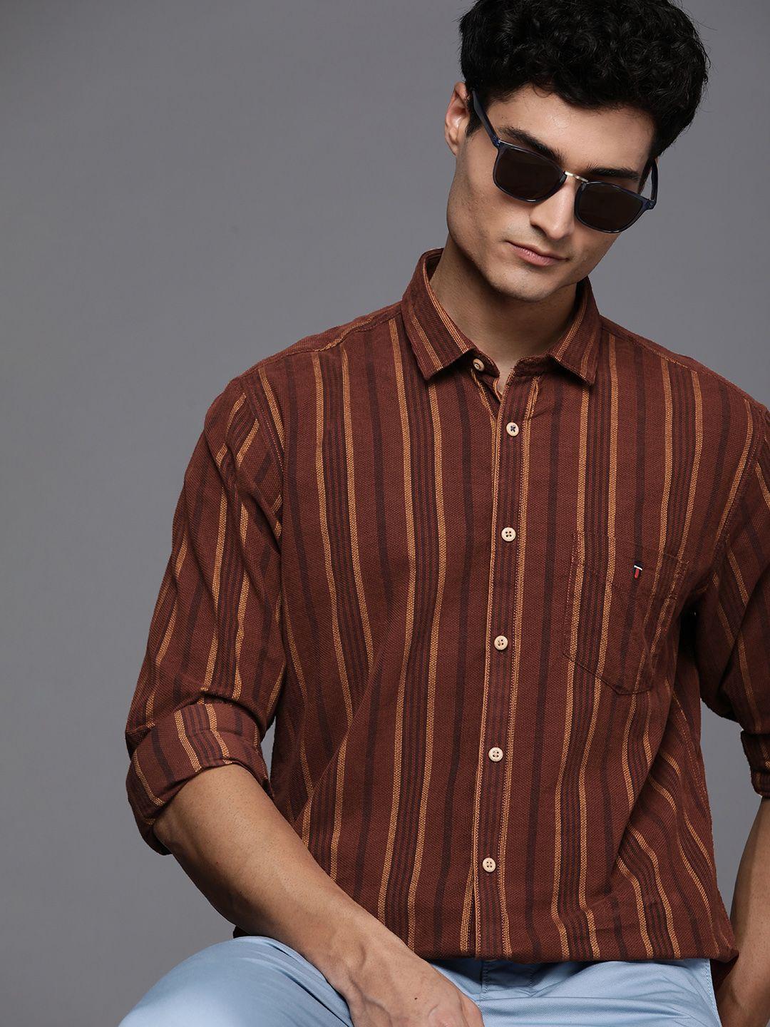 louis philippe sport men rust brown slim fit striped pure cotton casual shirt