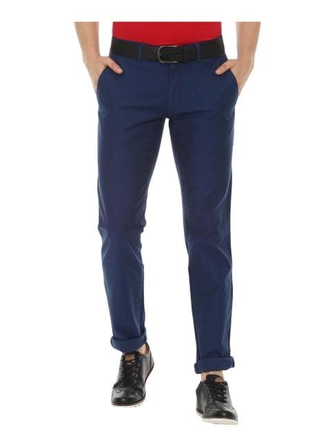 louis philippe sport navy cotton slim fit self pattern flat front trousers