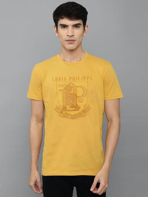 louis philippe sport yellow cotton slim fit printed t-shirt