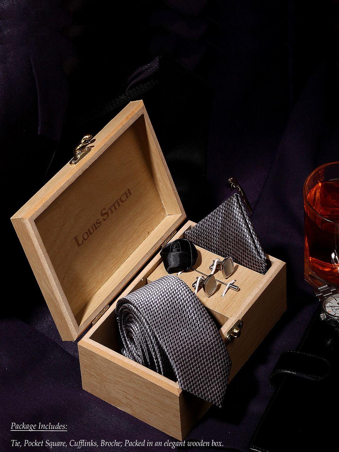 louis stitch men black & grey woven design accessory gift set