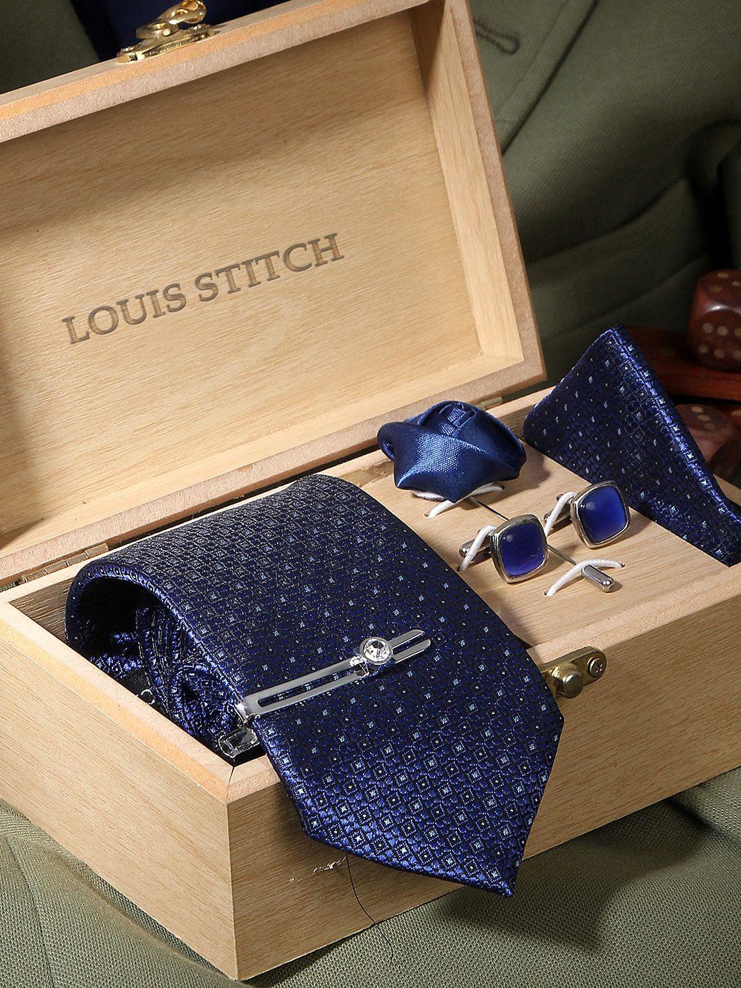 louis stitch men blue & silver-toned printed accessory gift set
