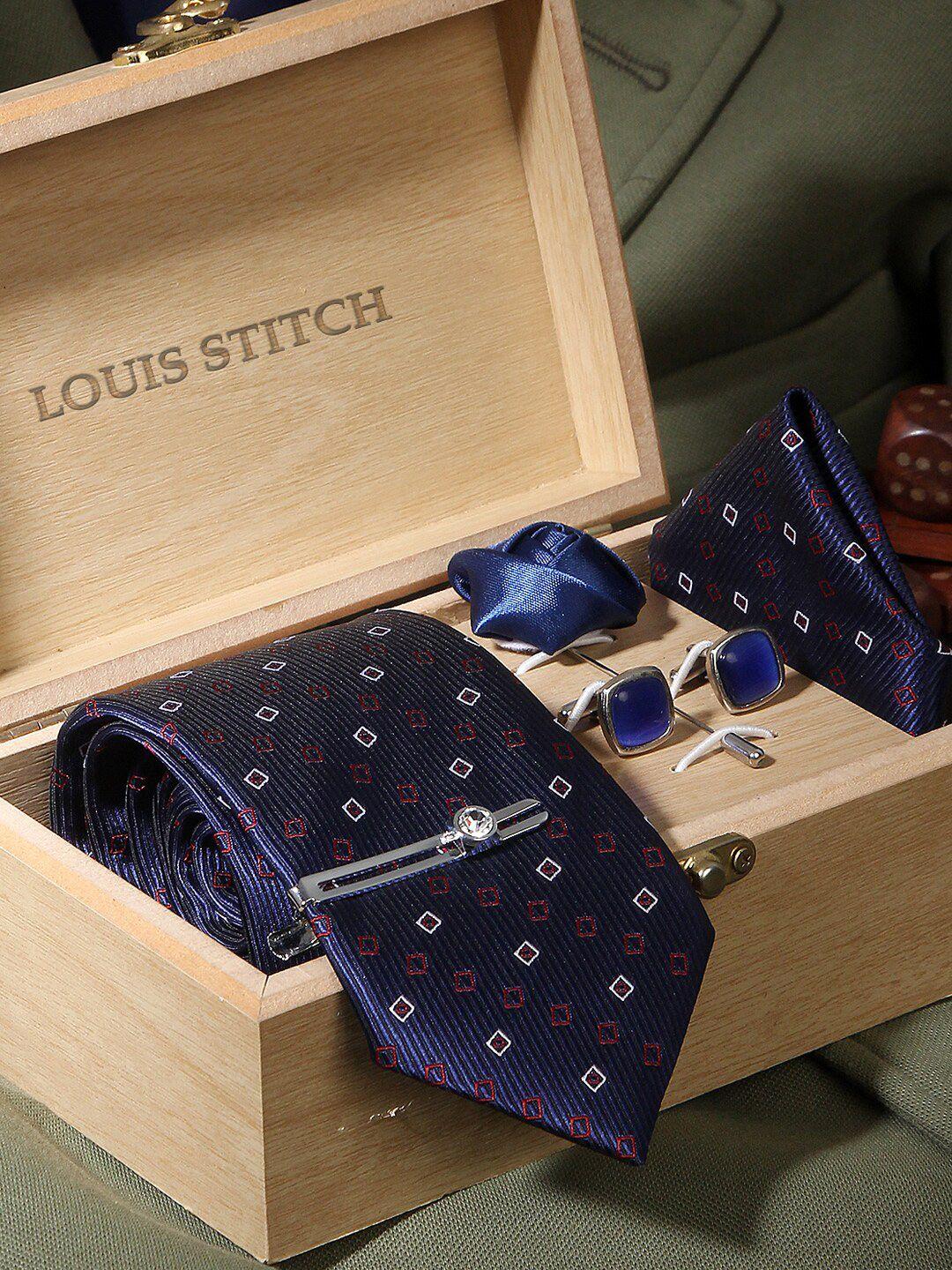 louis stitch men blue & white silk accessory gift set