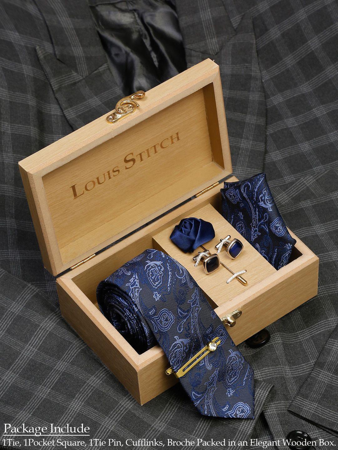 louis stitch men blue printed silk accessory gift set