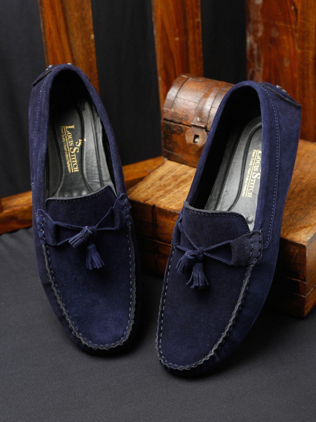 louis stitch men blue suede leather driving loafer shoes