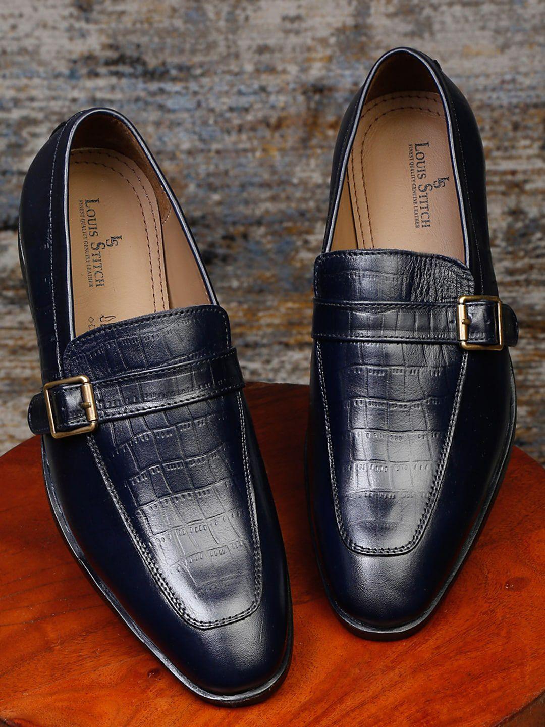 louis stitch men blue textured leather loafers