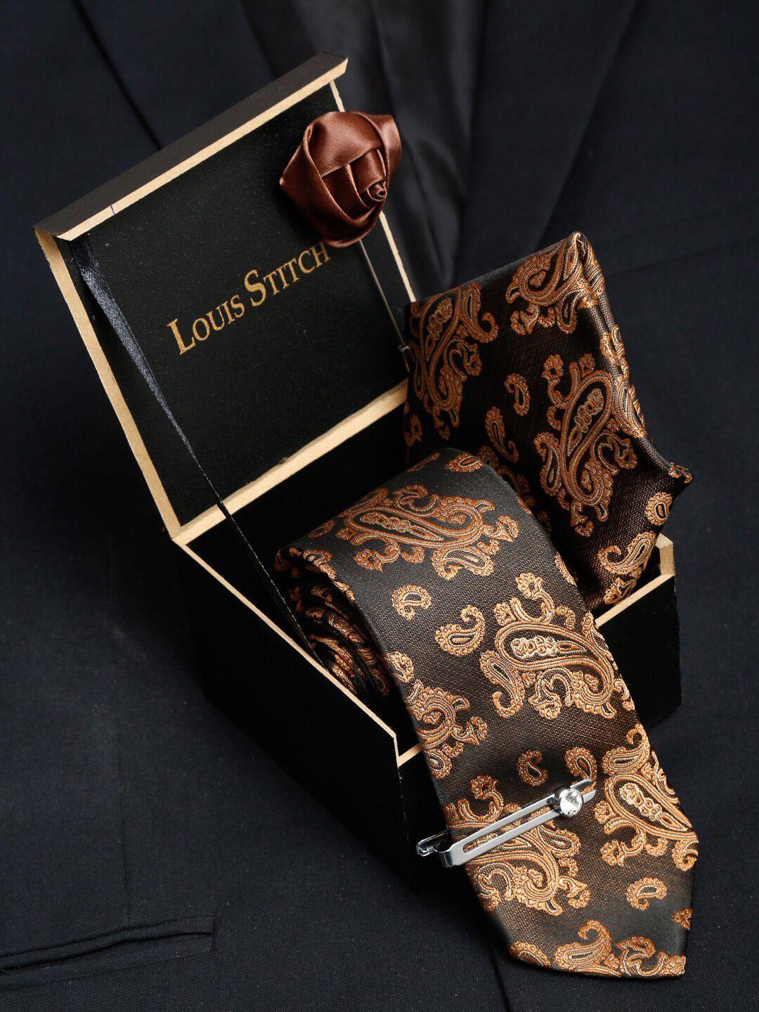 louis stitch men brown & black printed skinny formal tie & pocket square