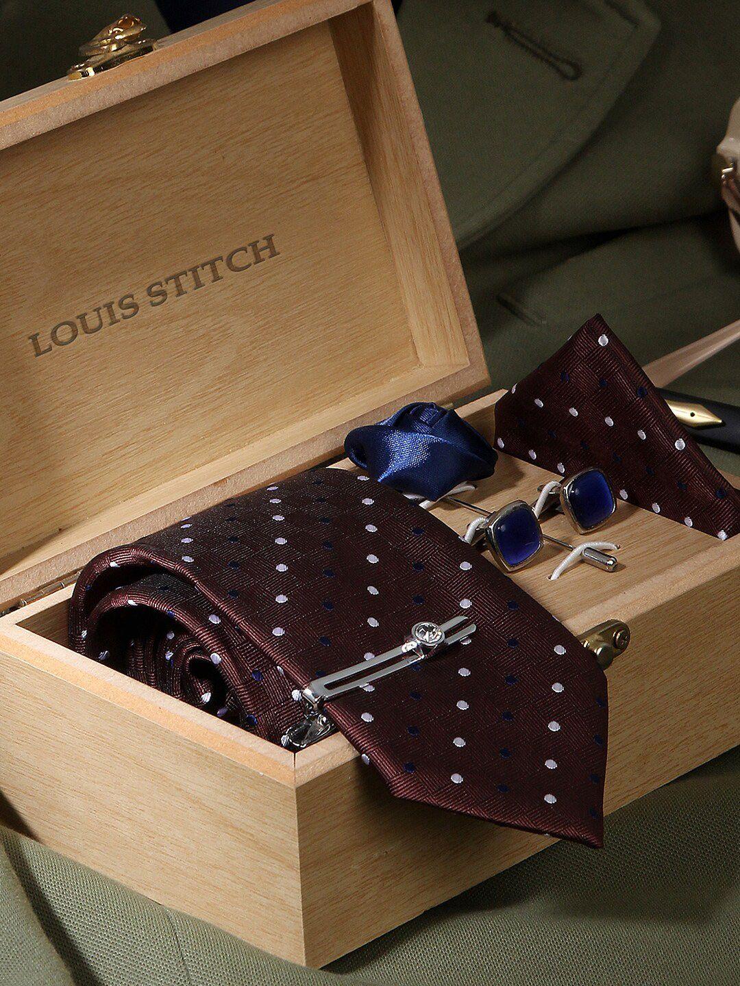 louis stitch men brown & white woven design silk accessory gift set
