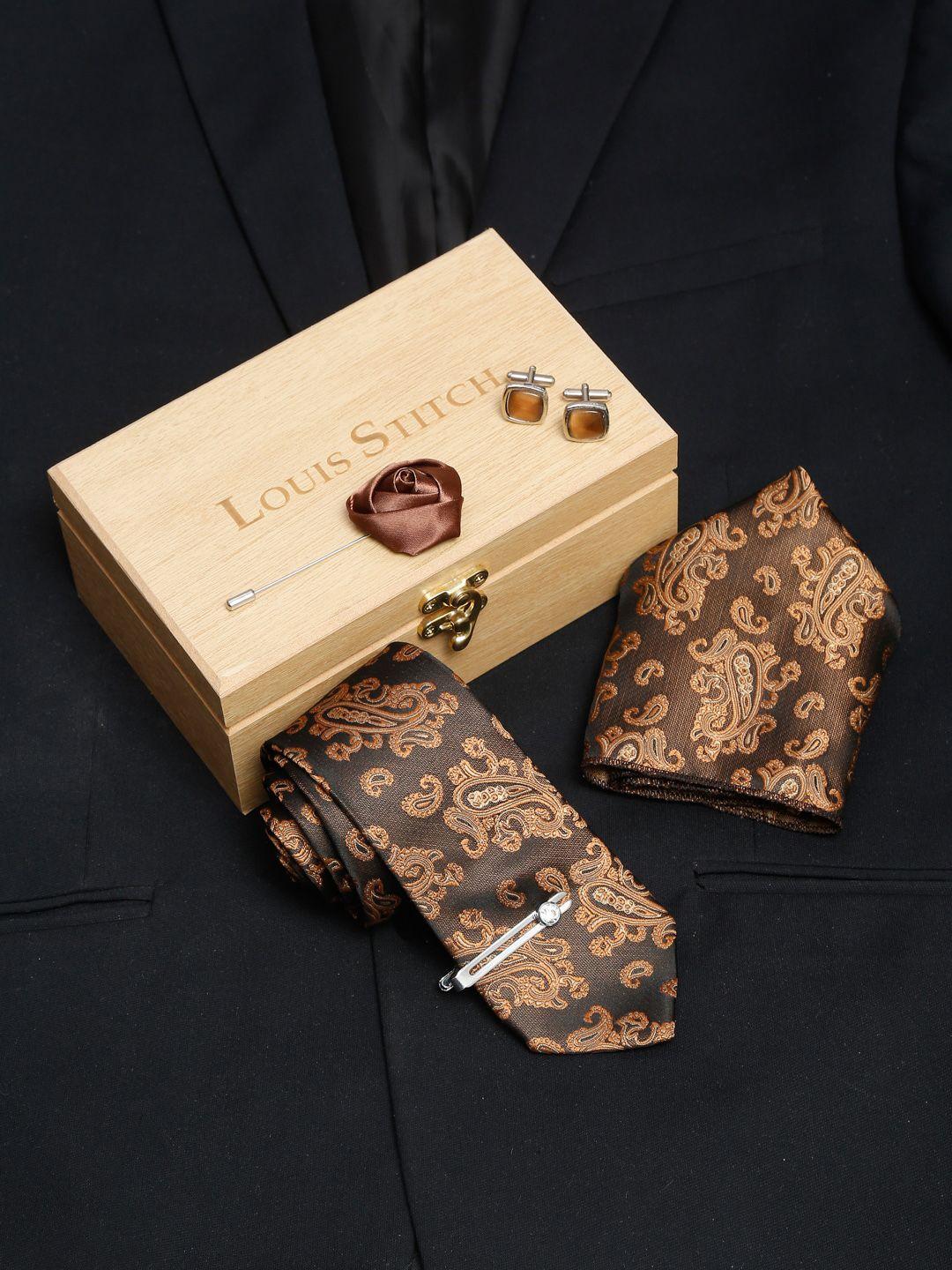 louis stitch men brown italian silk accessory gift set