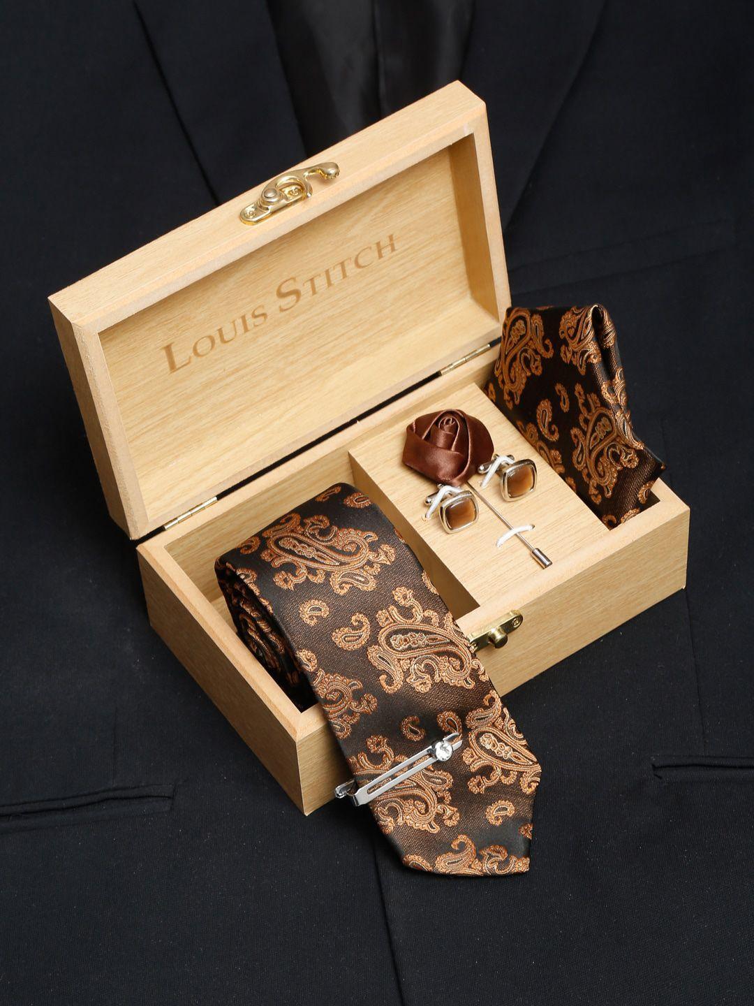louis stitch men brown italian silk formal tie accessory gift set