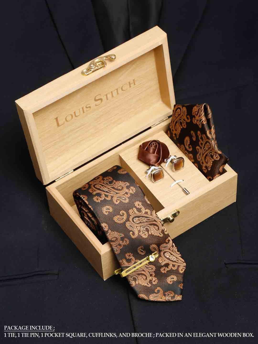 louis stitch men brown printed accessory gift set
