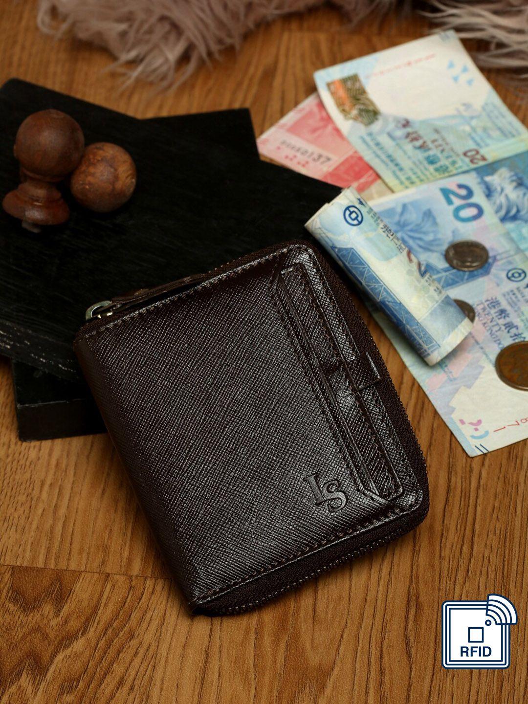 louis stitch men brown textured leather zip around wallet