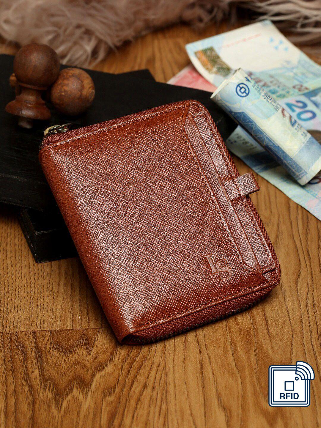 louis stitch men brown zip detail leather zip around wallet with rfid features