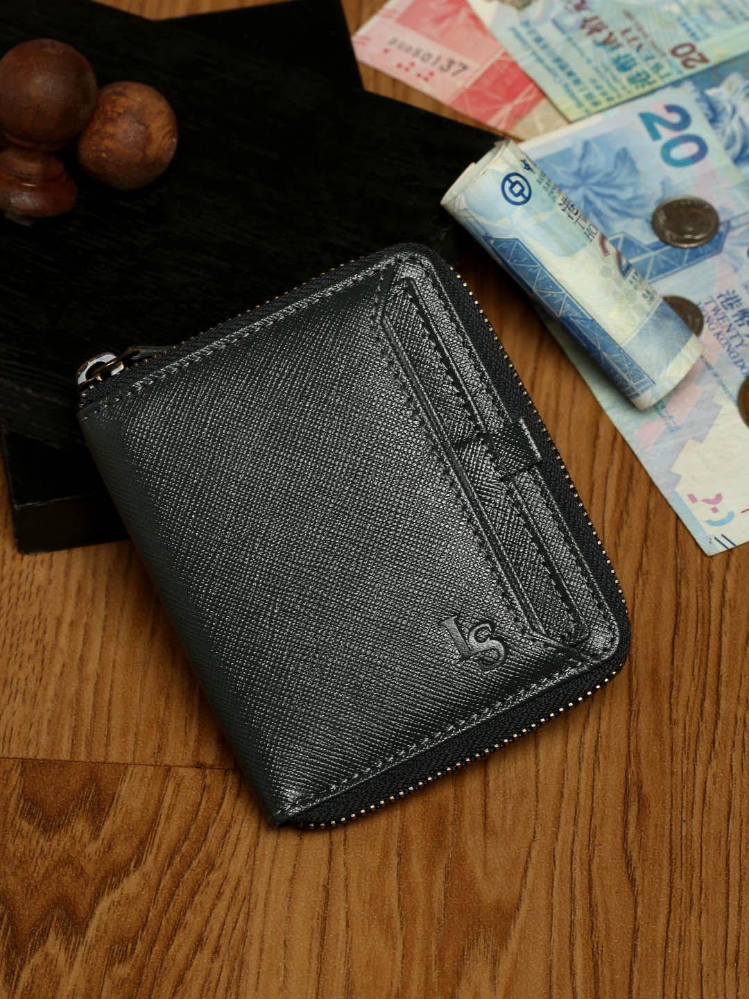 louis stitch men charcoal grey leather zip around wallet