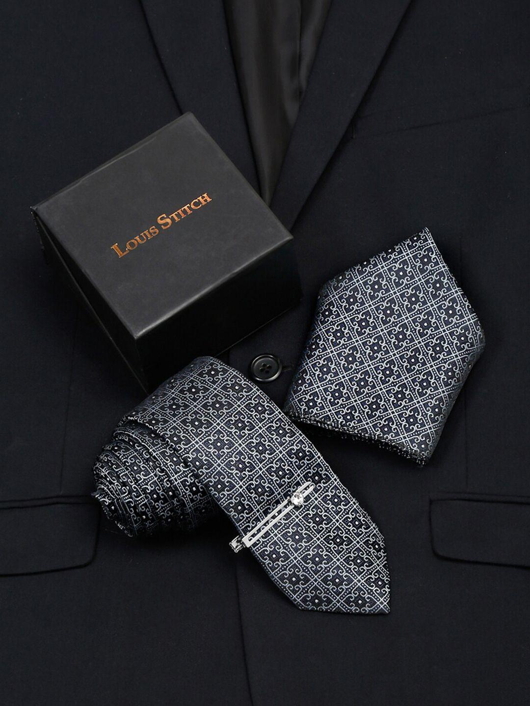 louis stitch men denim blue italian silk necktie pocket square & chrome tiepin