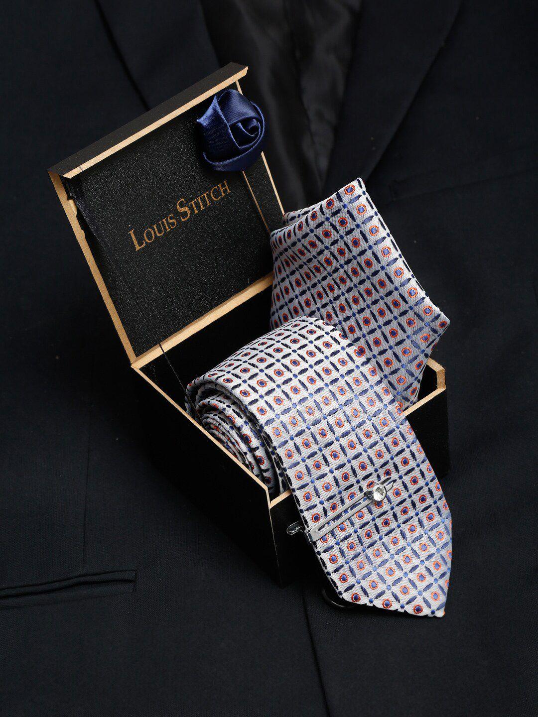 louis stitch men grey & blue woven design skinny tie