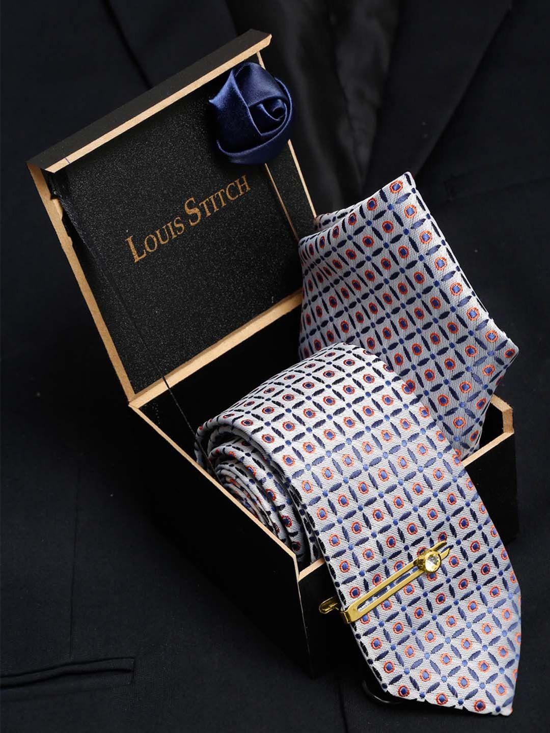 louis stitch men grey & brown printed formal skinny tie