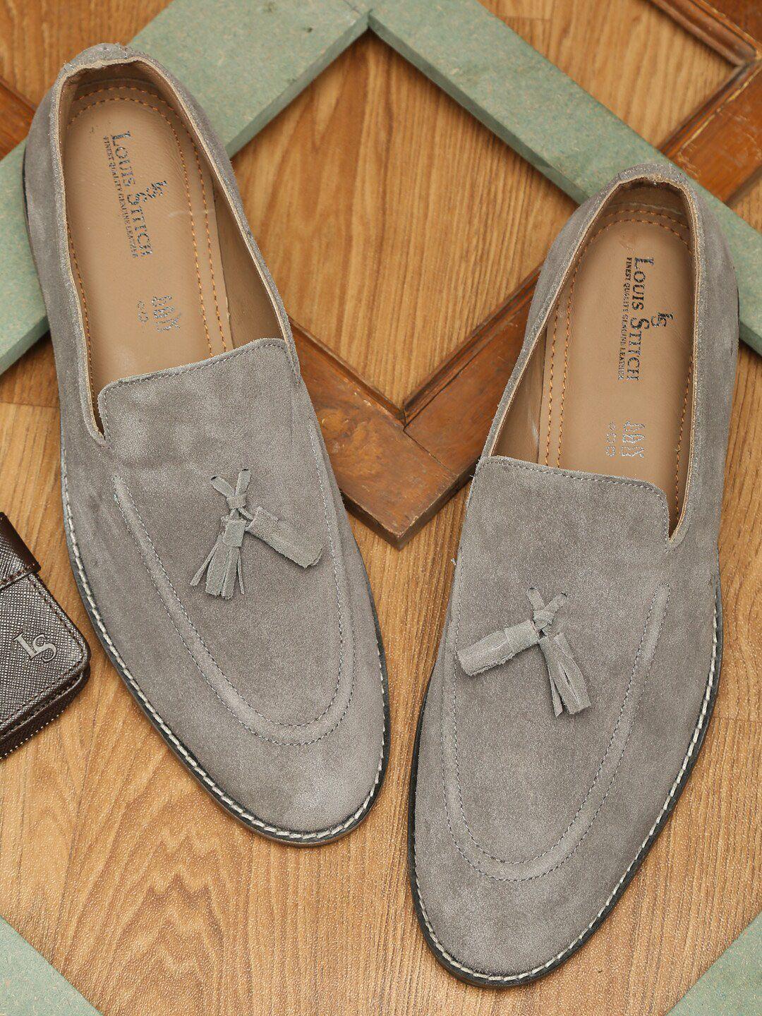 louis stitch men grey suede leather tassel loafers