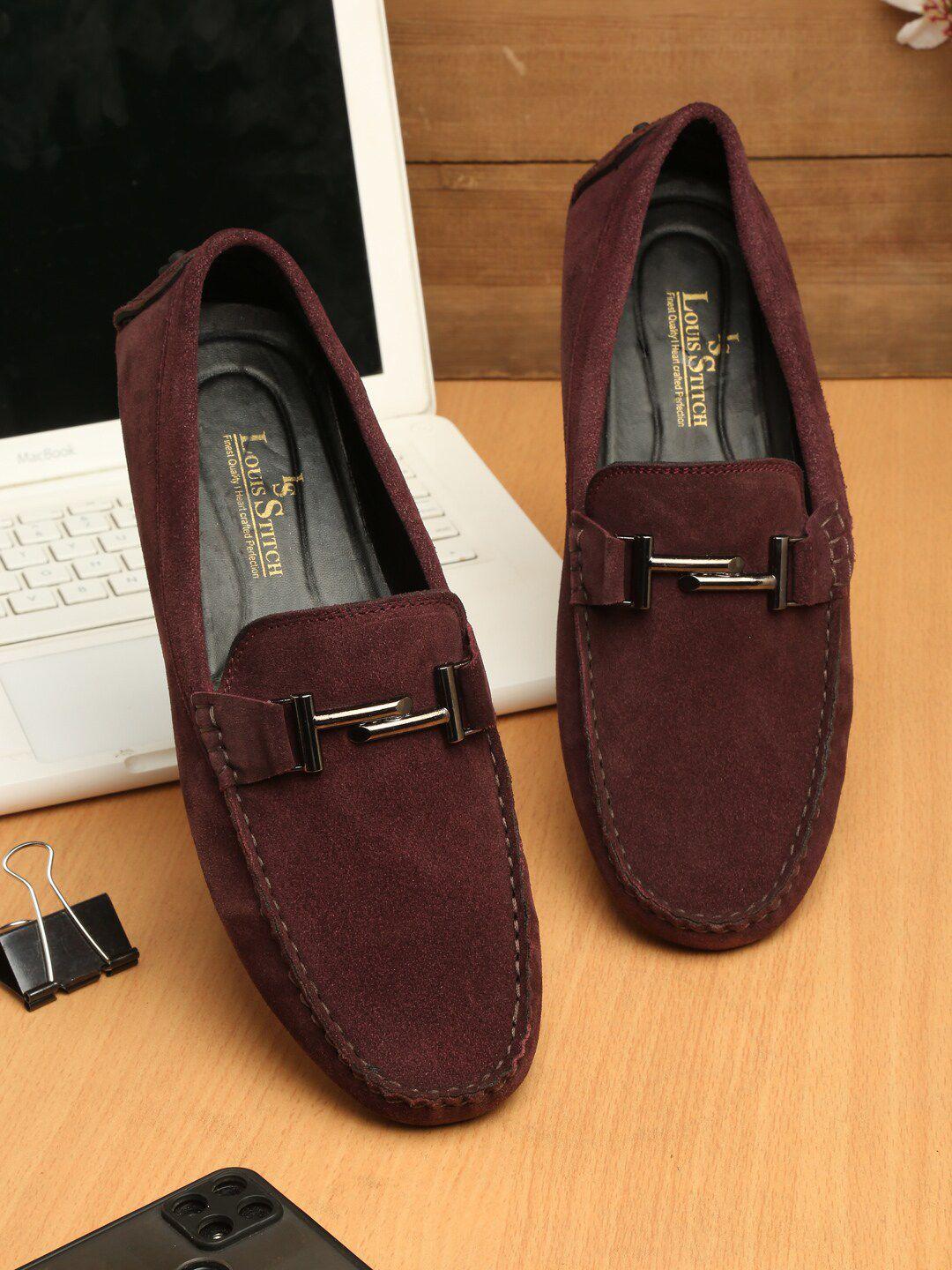 louis stitch men maroon textured suede driving shoes