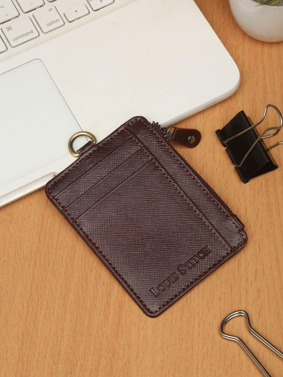 louis stitch men maroon zip detail leather card holder