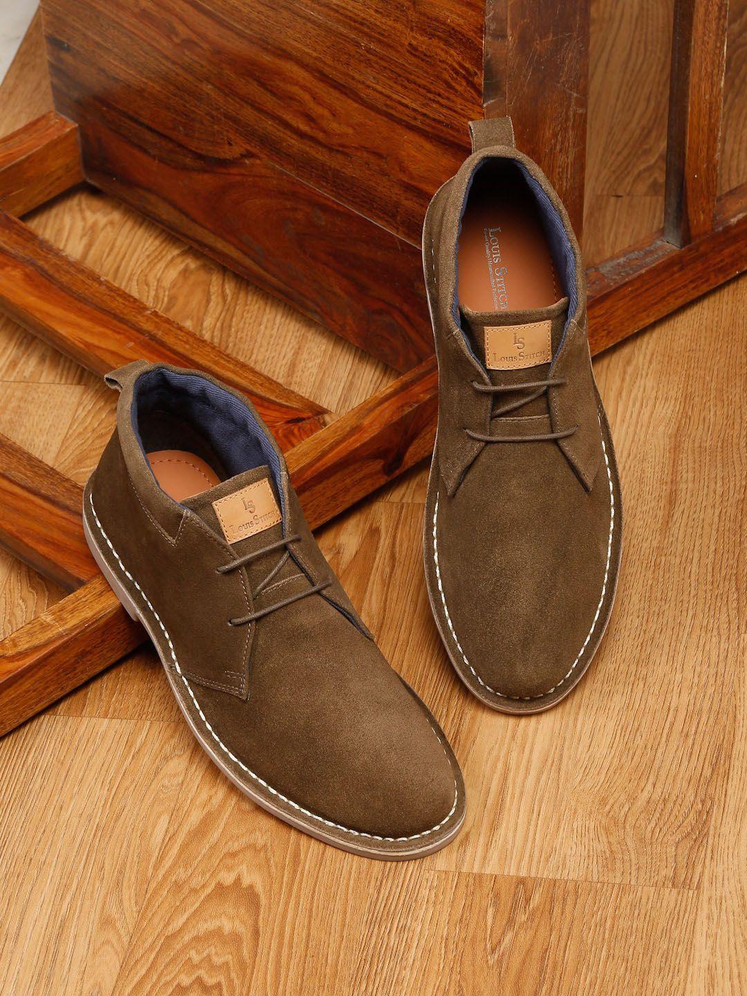 louis stitch men mid top block heel suede leather boots