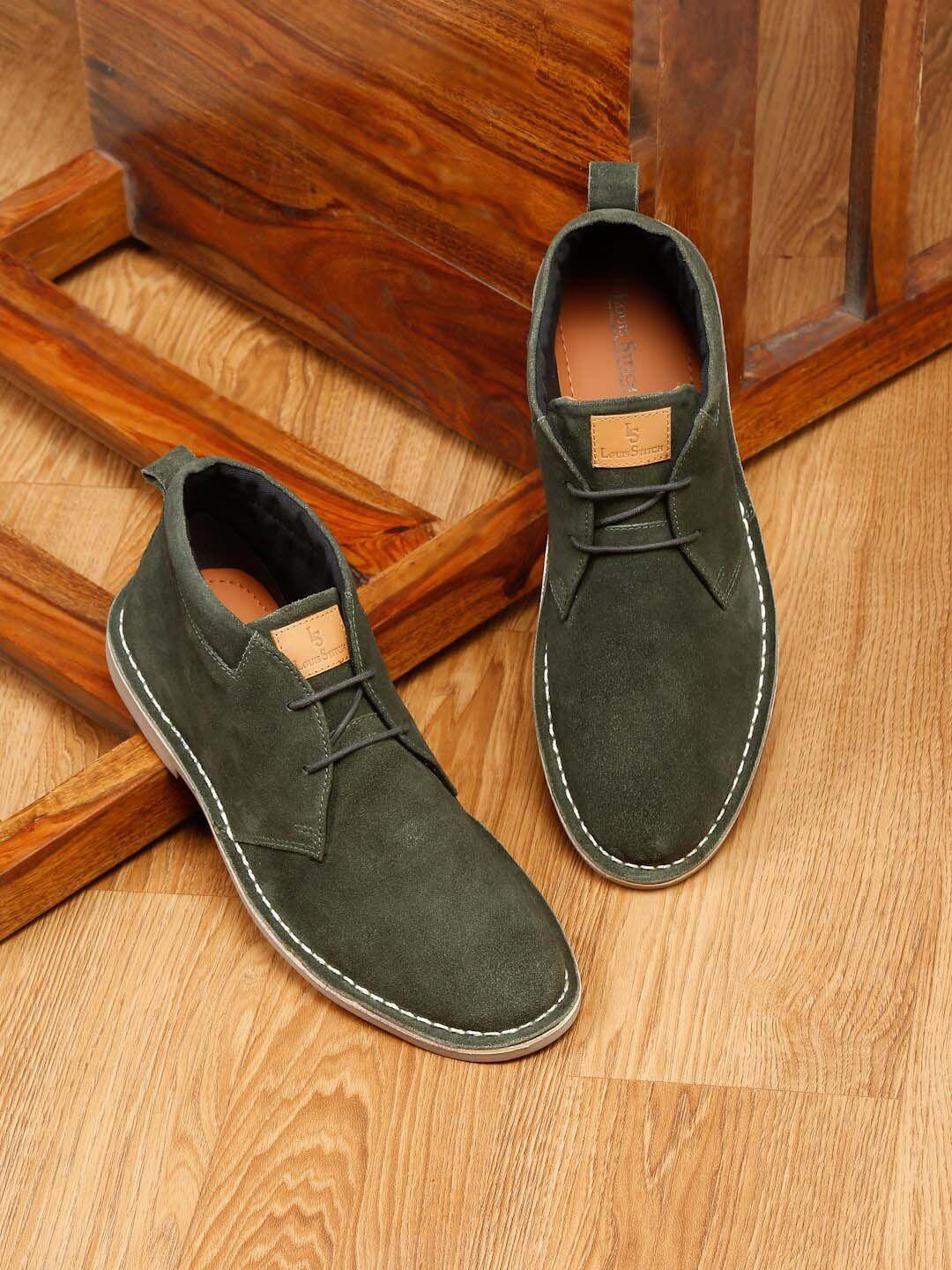 louis stitch men mid top suede leather block heel boots