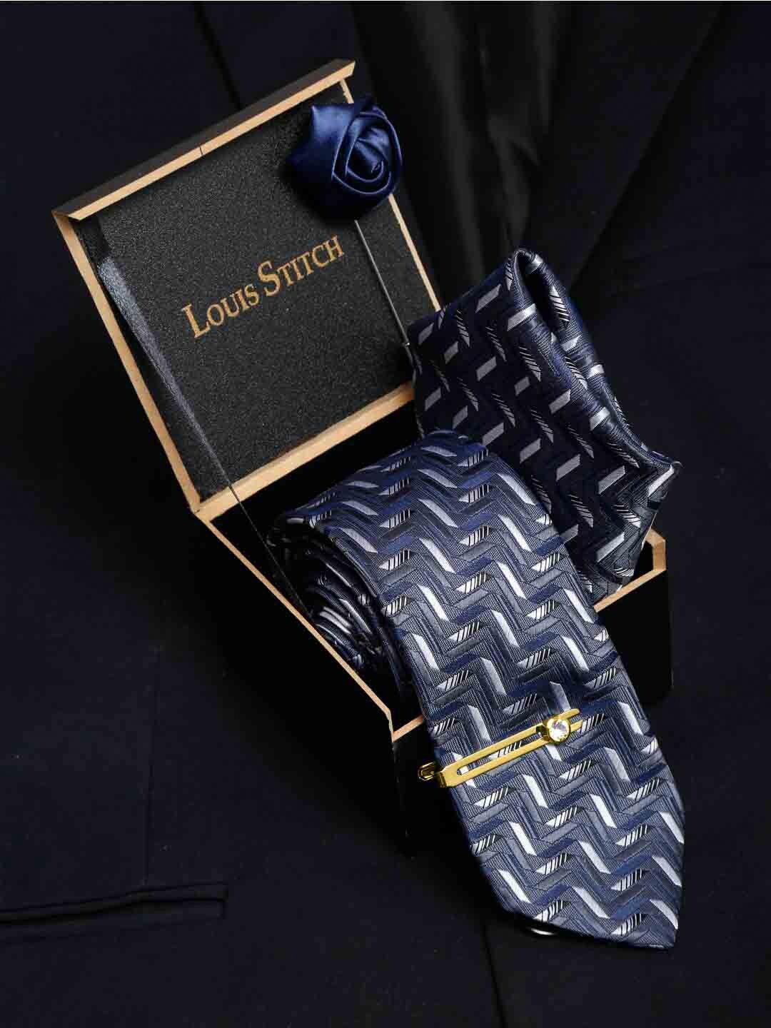 louis stitch men navy blue & off white printed skinny tie