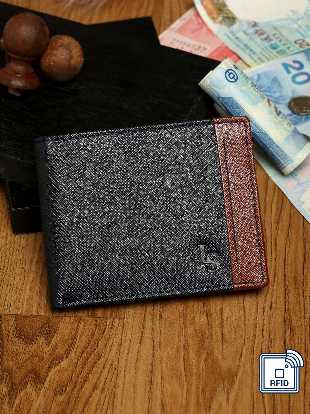 louis stitch men navy blue & tan brown leather two fold wallet