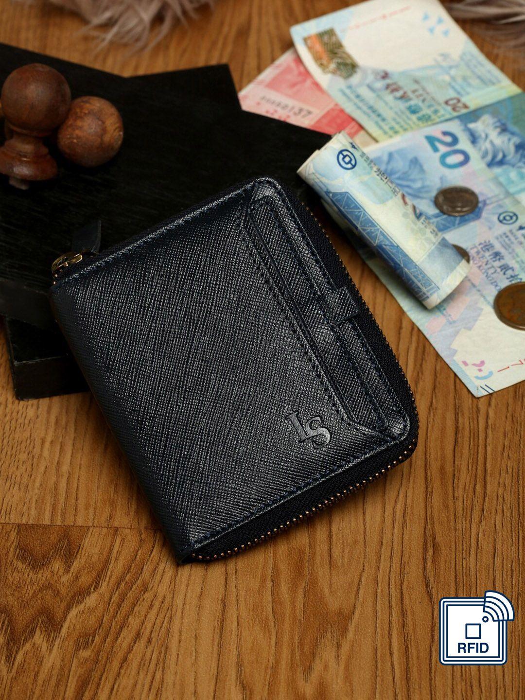 louis stitch men navy blue leather zip around wallet